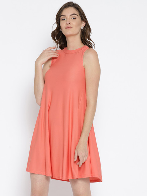 

AND Women Peach-Coloured Solid A-Line Dress