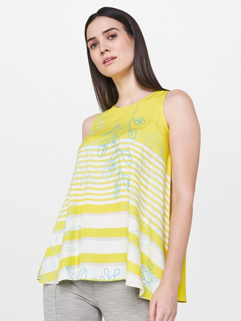 

AND Women White & Fluorescent Green Floral Printed Top