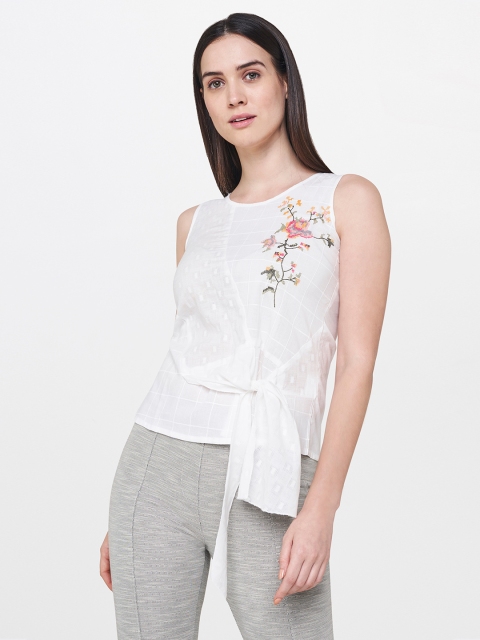 

AND Women White Self Design Embroidered Top