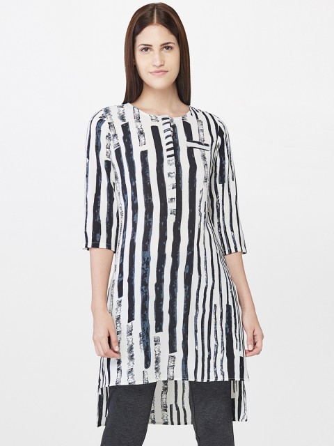 

AND Women Black & White Printed High-Low Tunic
