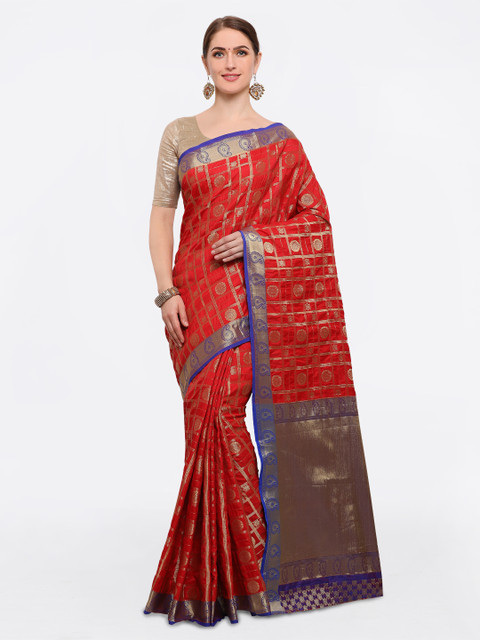 

Stylee LIFESTYLE Red & Blue Silk Blend Woven Design Banarasi Saree