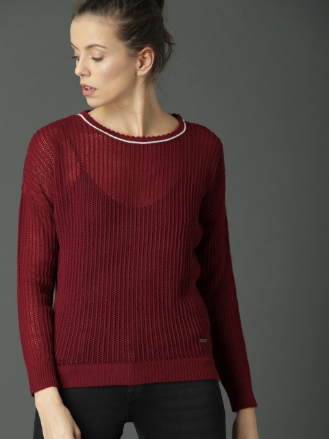 

Roadster Women Maroon Semi Sheer Solid Pullover