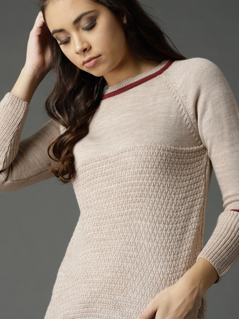 

Roadster Women Beige Self Design Pullover