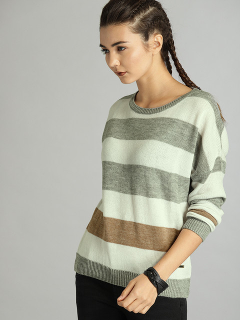 

Roadster Women Grey & Off-White Striped Pullover