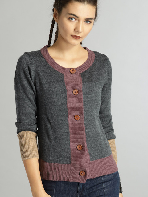 

Roadster Women Grey & Maroon Solid Cardigan