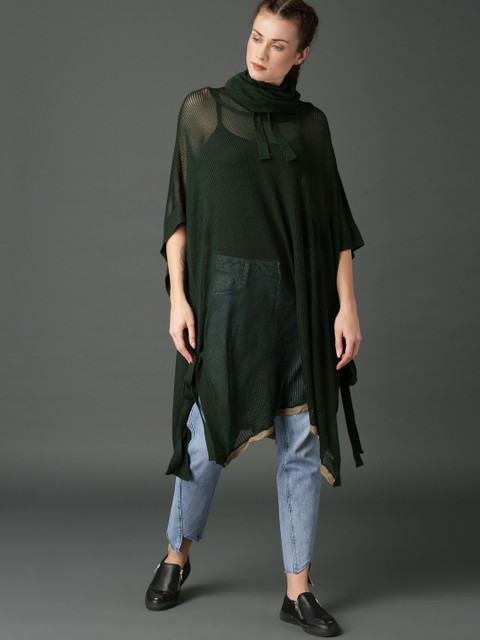 

Roadster Women Olive Green Solid Poncho