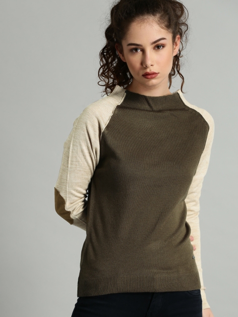 

Roadster Women Brown & Beige Colourblocked Pullover