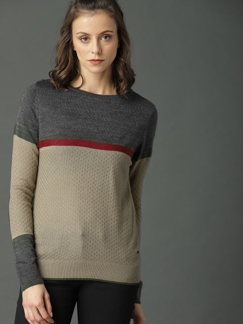 

Roadster Women Grey & Khaki Self Design Pullover