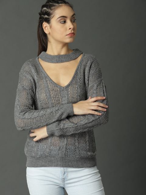 

Roadster Women Grey Open-Knit Pullover
