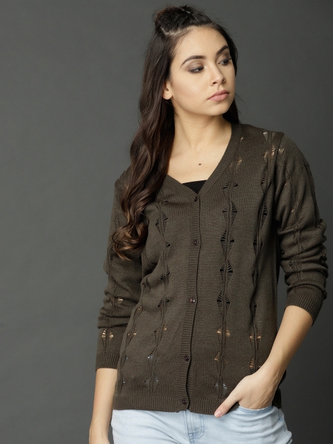 

Roadster Women Olive Green Open Knit Cardigan