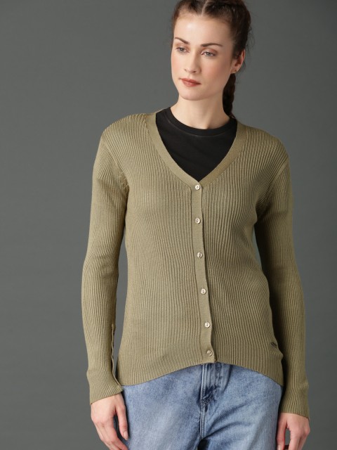 

Roadster Women Beige Self-Striped Cardigan