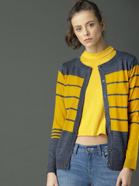 

Roadster Women Navy Blue & Yellow Striped Cardigan