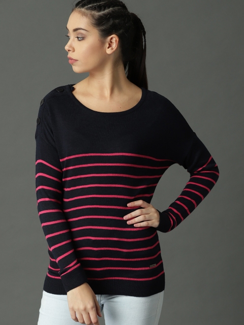 

Roadster Women Navy Blue & Pink Striped Pullover