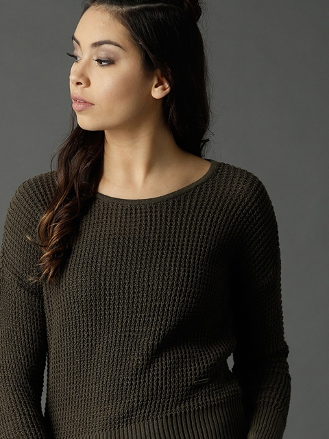 

Roadster Women Olive Green Open Knit Pullover