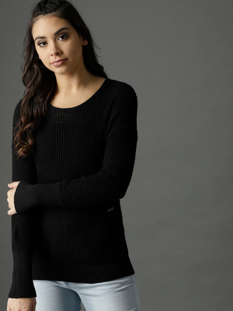 

Roadster Women Black Open Knit Pullover