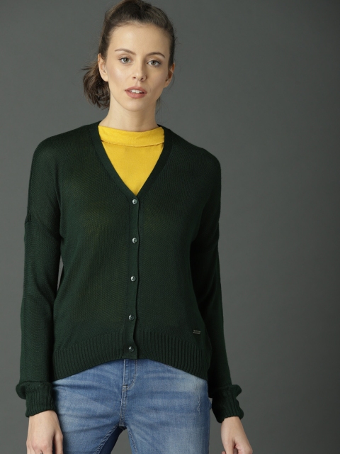 

Roadster Women Green Solid Cardigan