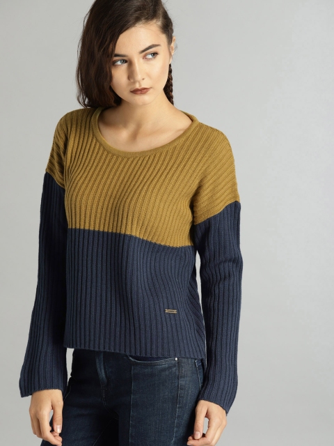 

The Roadster Lifestyle Co Women Green & Navy Blue Colourblocked Pullover