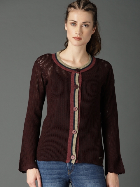

Roadster Women Maroon Solid Cardigan