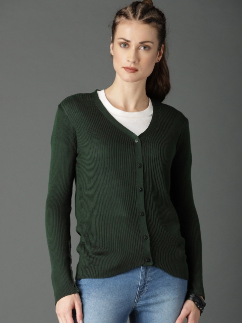 

Roadster Women Green Ribbed Cardigan