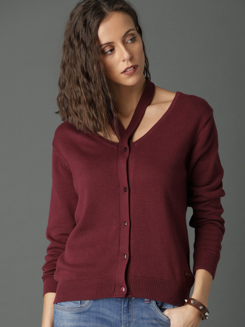 

Roadster Women Maroon Solid Cardigan