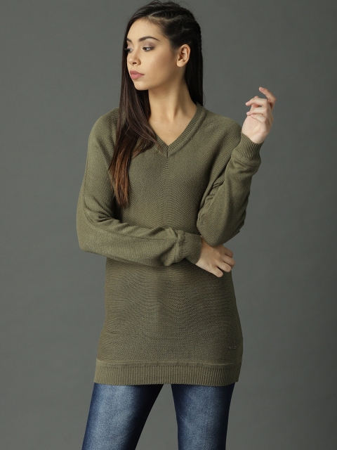 

Roadster Women Olive Green Solid Sweater