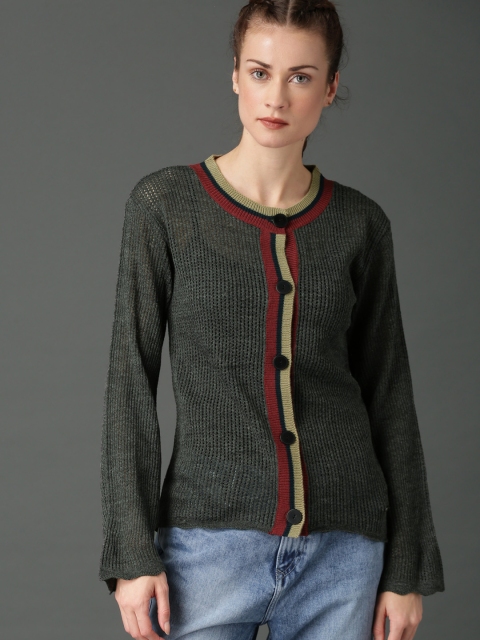

Roadster Women Charcoal Self Design Cardigan