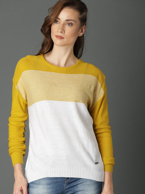 

Roadster Women Off-White & Mustard Colourblocked Pullover