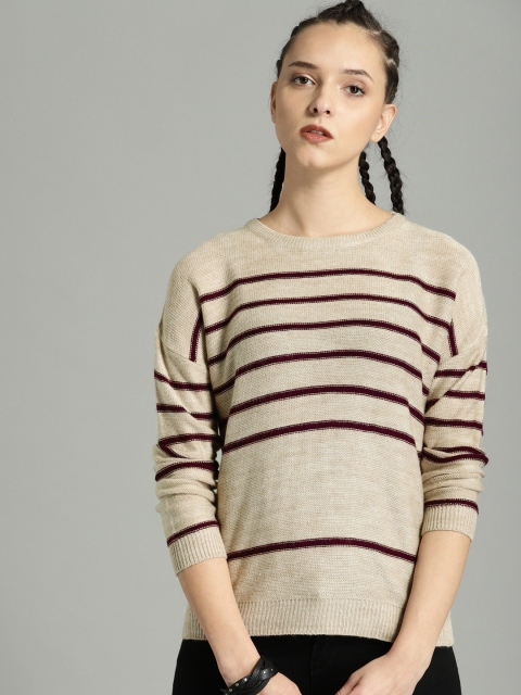 

Roadster Women Brown & Maroon Striped Pullover