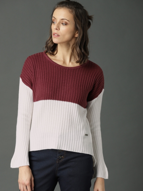 

Roadster Women Maroon & White Striped Pullover