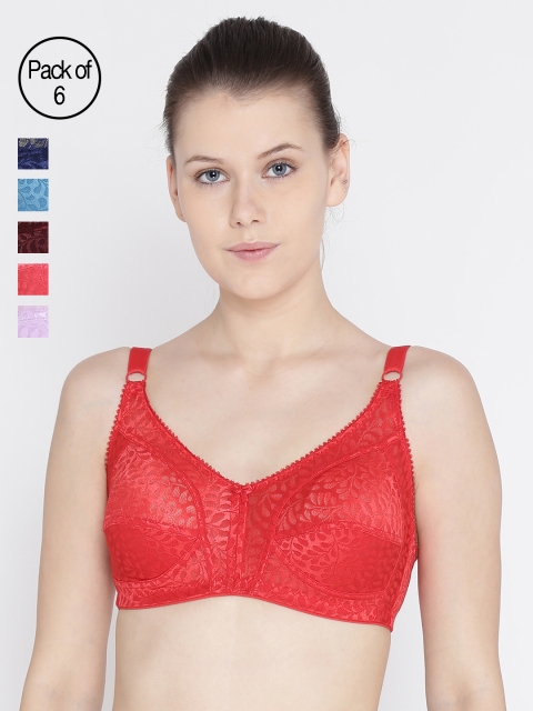 

Leading Lady Pack Of 6 Non-Wired Non-Padded Solid Bras rosy-6-40B, Red