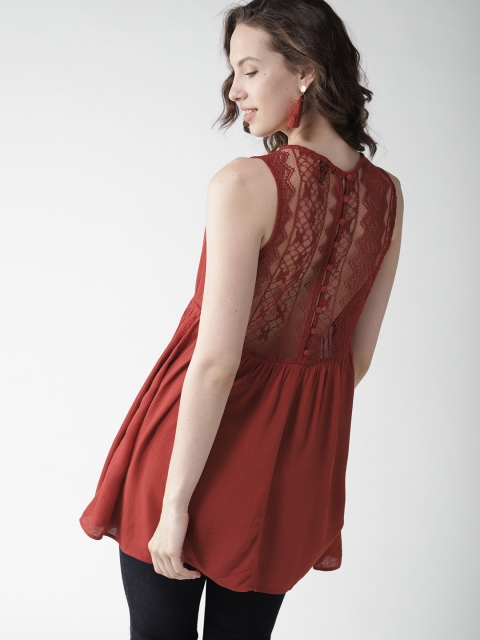 

FOREVER 21 Women Rust Red Solid Semi Sheer A-Line Top