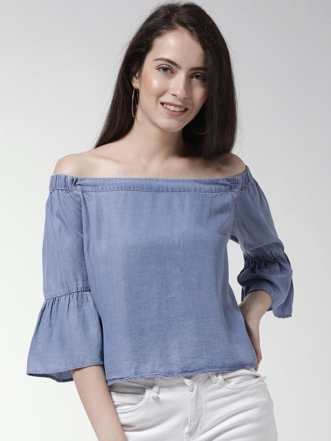 

FOREVER 21 Women Blue Solid Chambray Bardot Top