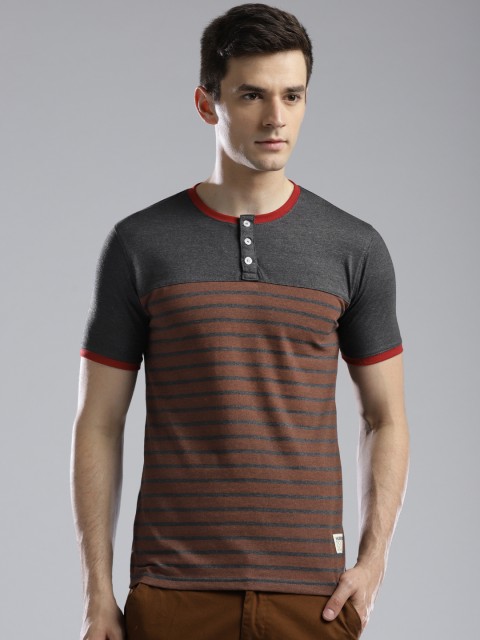 

Hubberholme Men Charcoal Grey & Brown Striped Henley Neck T-shirt