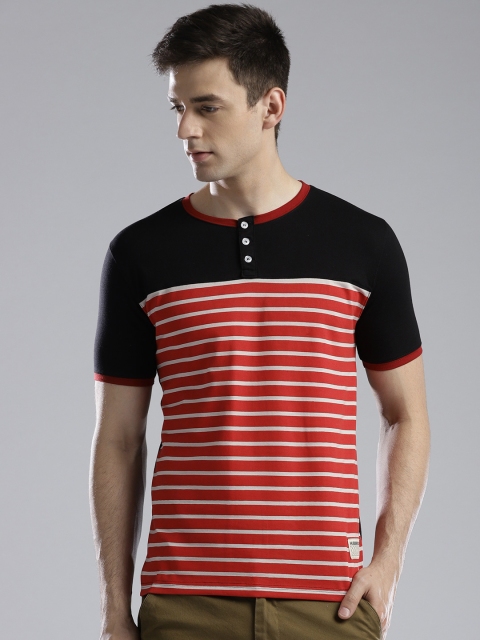 

Hubberholme Men Red & Black Striped Henley Neck T-shirt