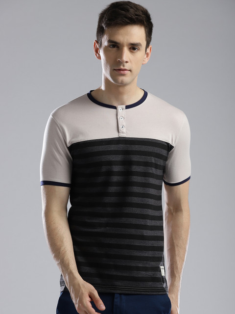 

Hubberholme Men Off-White & Charcoal Grey Striped Henley Neck T-shirt