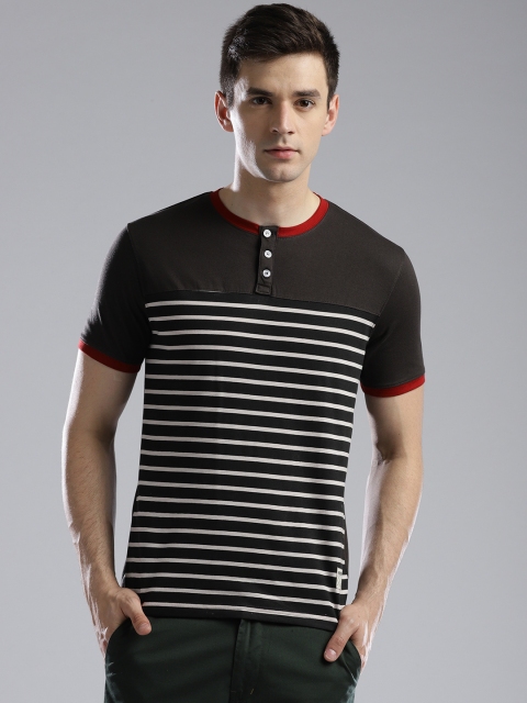

Hubberholme Men Charcoal Grey Striped Henley Neck T-shirt