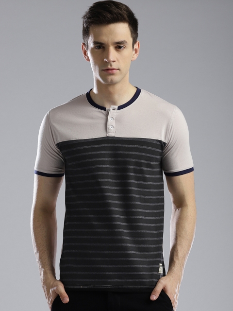 

Hubberholme Men Beige & Black Striped Henley Neck T-shirt