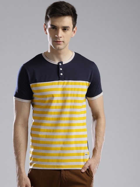 

Hubberholme Men Navy Blue & Yellow Striped Henley Neck T-shirt