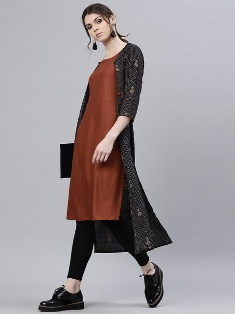 

GERUA Women Black & Rust Brown Striped Printed Layered Straight Kurta
