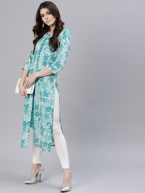

GERUA Women White & Turquoise Blue Printed Layered A-Line Kurta