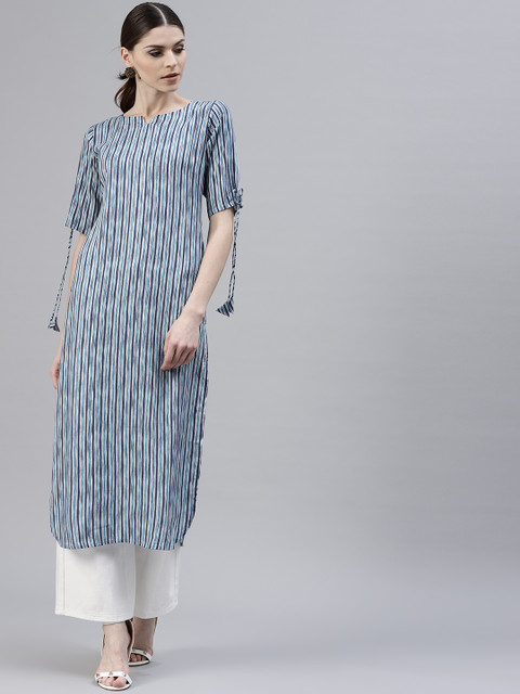 

GERUA Women Blue & White Striped Straight Kurta