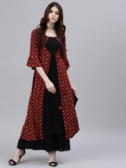 

GERUA Women Maroon & Black Printed Layered A-Line Kurta