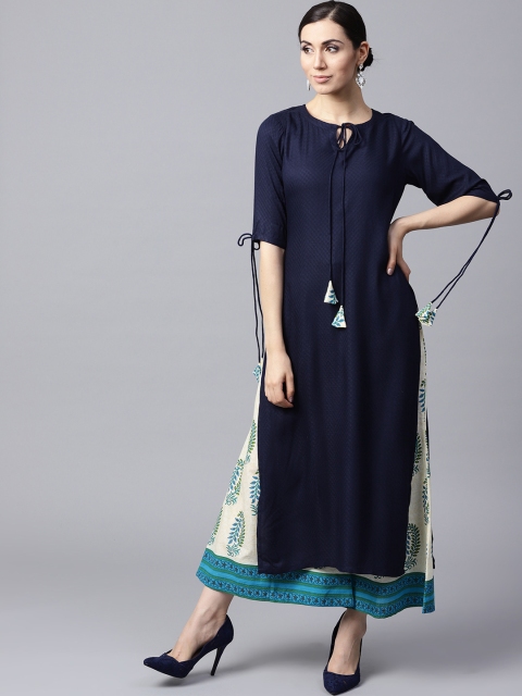 

GERUA Women Navy & Off-White Self-Design Kurta with Palazzos, Navy blue