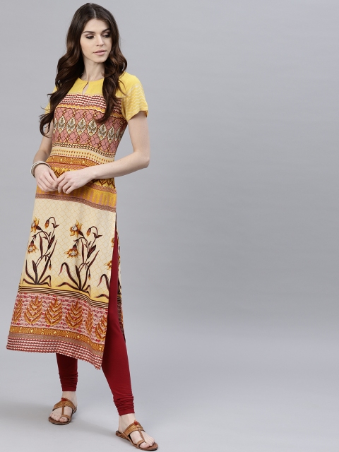 

GERUA Women Yellow & Peach-Coloured Printed Straight Kurta