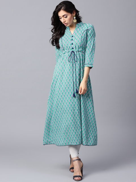 

GERUA Women Green & Navy Blue Printed Empire A-Line Kurta