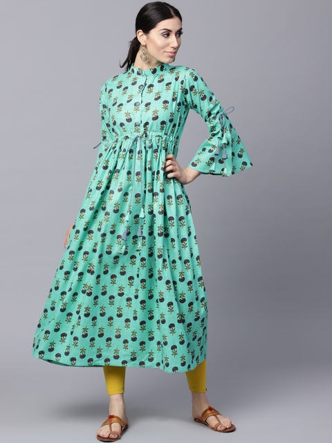 

GERUA Women Sea Green & Mustard Yellow Printed Empire Anarkali Kurta