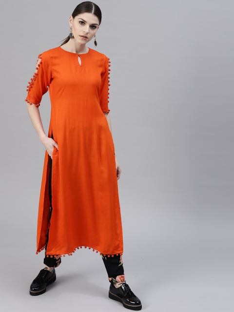 

GERUA Women Orange Solid Straight Cold Shoulder Kurta