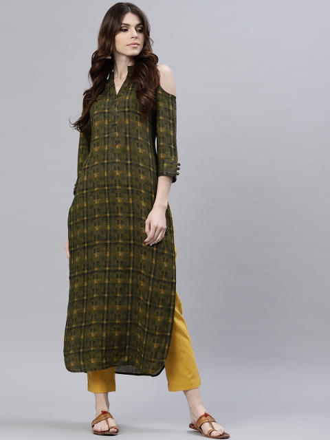 

GERUA Women Olive Green & Mustard Yellow Checked Straight Kurta