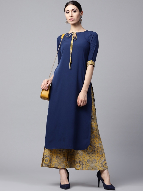 

GERUA Women Navy Blue & Mustard Yellow Solid Kurta with Palazzos