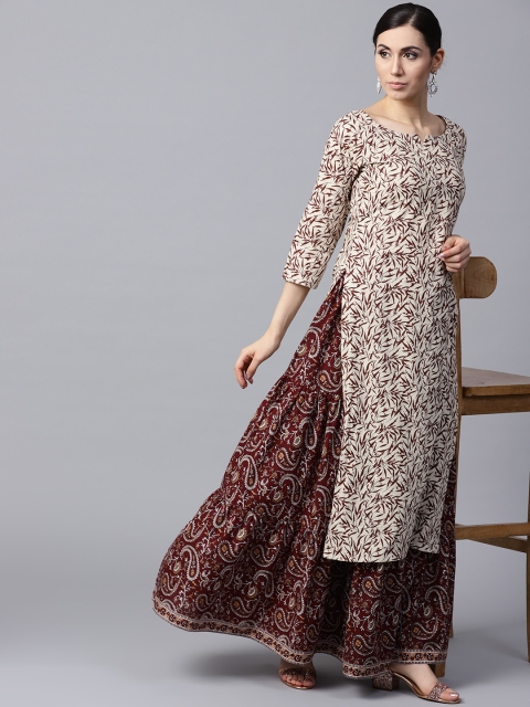 

GERUA Women Beige & Burgundy Printed Kurta with Skirt